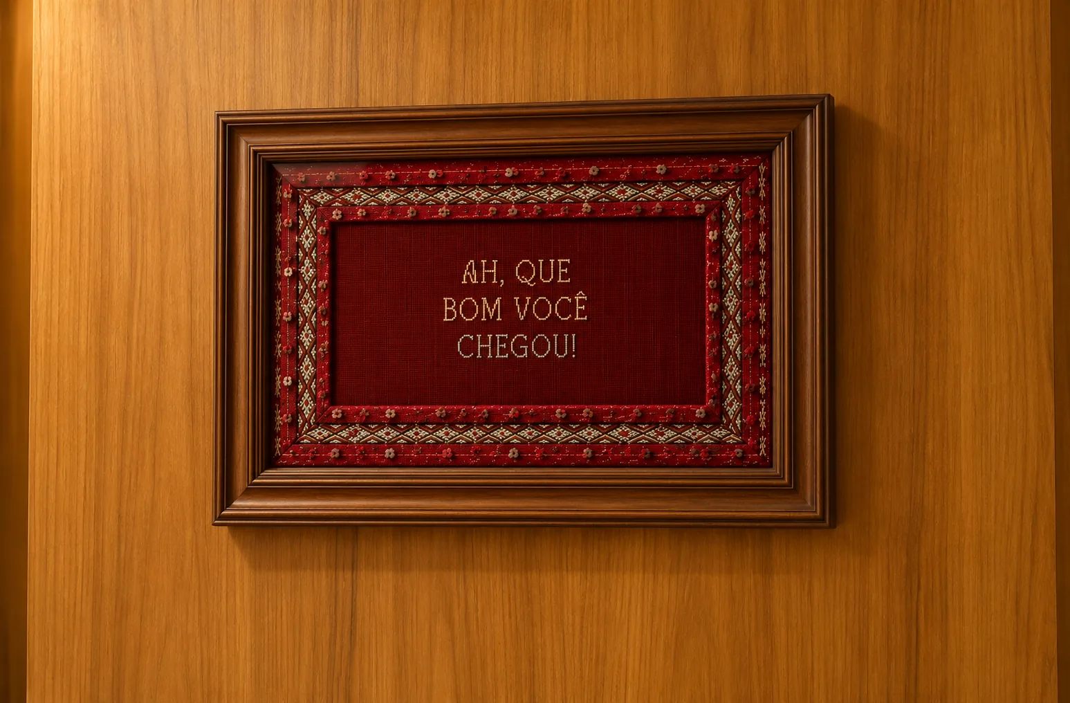 Cuadro bordado con la frase “Ah, que bom você chegou!” (“¡Qué bueno que llegó!”) en una pared de madera