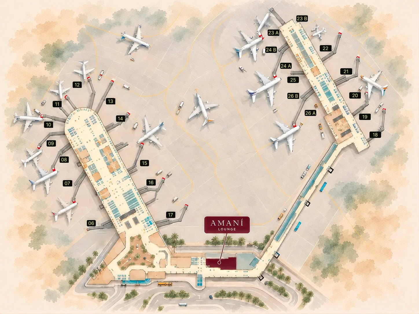 Plano del Salvador Bahia Airport con Amaní Lounge señalado en la terminal de embarque